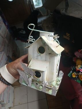white decorative metal birdhouse accented with dimensional metal vines, Vintage